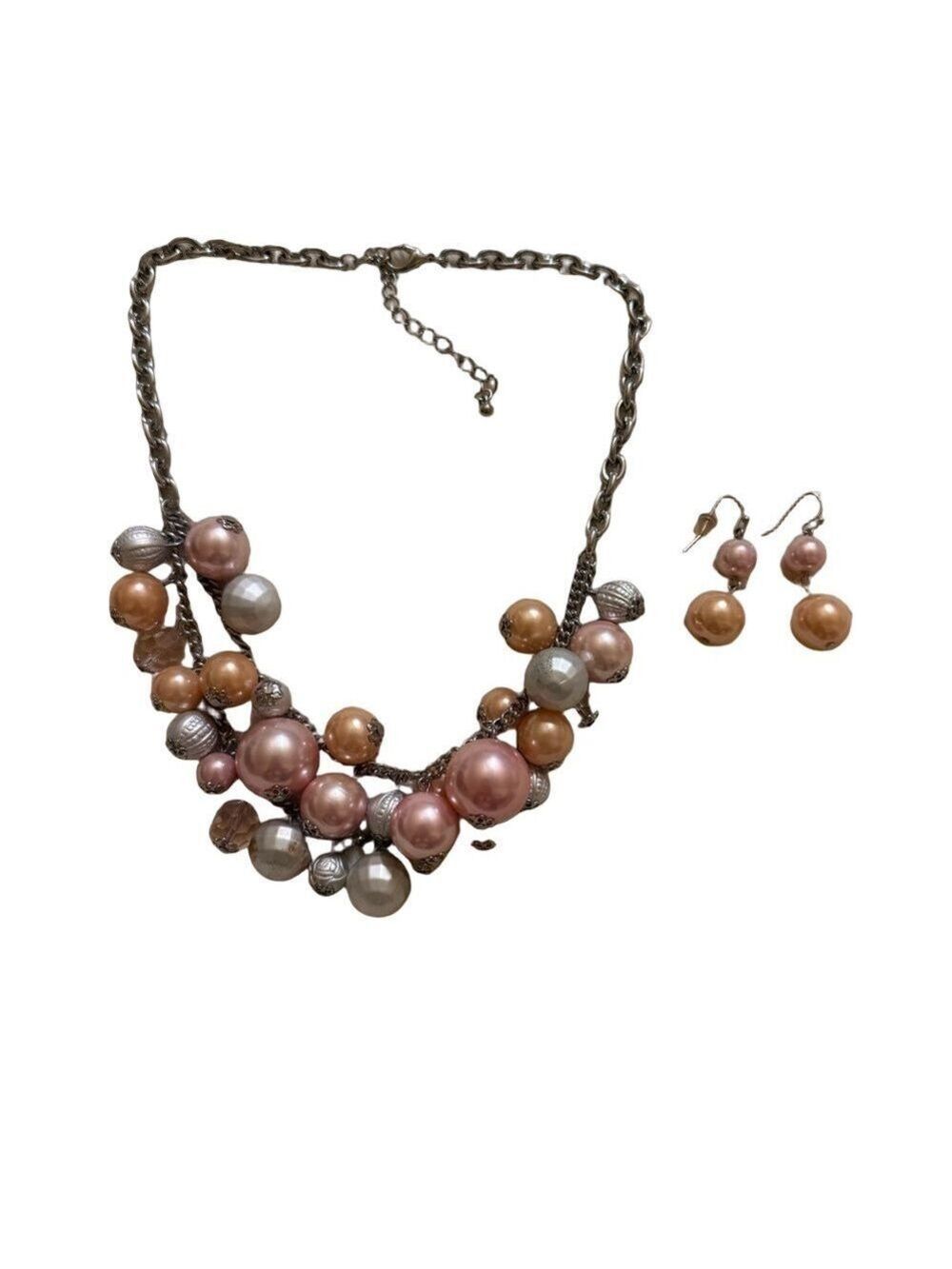 Pink and Champagne Pearl Cluster Necklace with Matching Earrings
